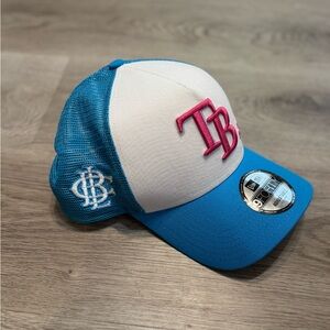 RAYS NEW ERA WHITE BLUE BIG LEAGUE CHEW COTTON CANDY 9FORTY SNAPBACK TRUCKER HAT